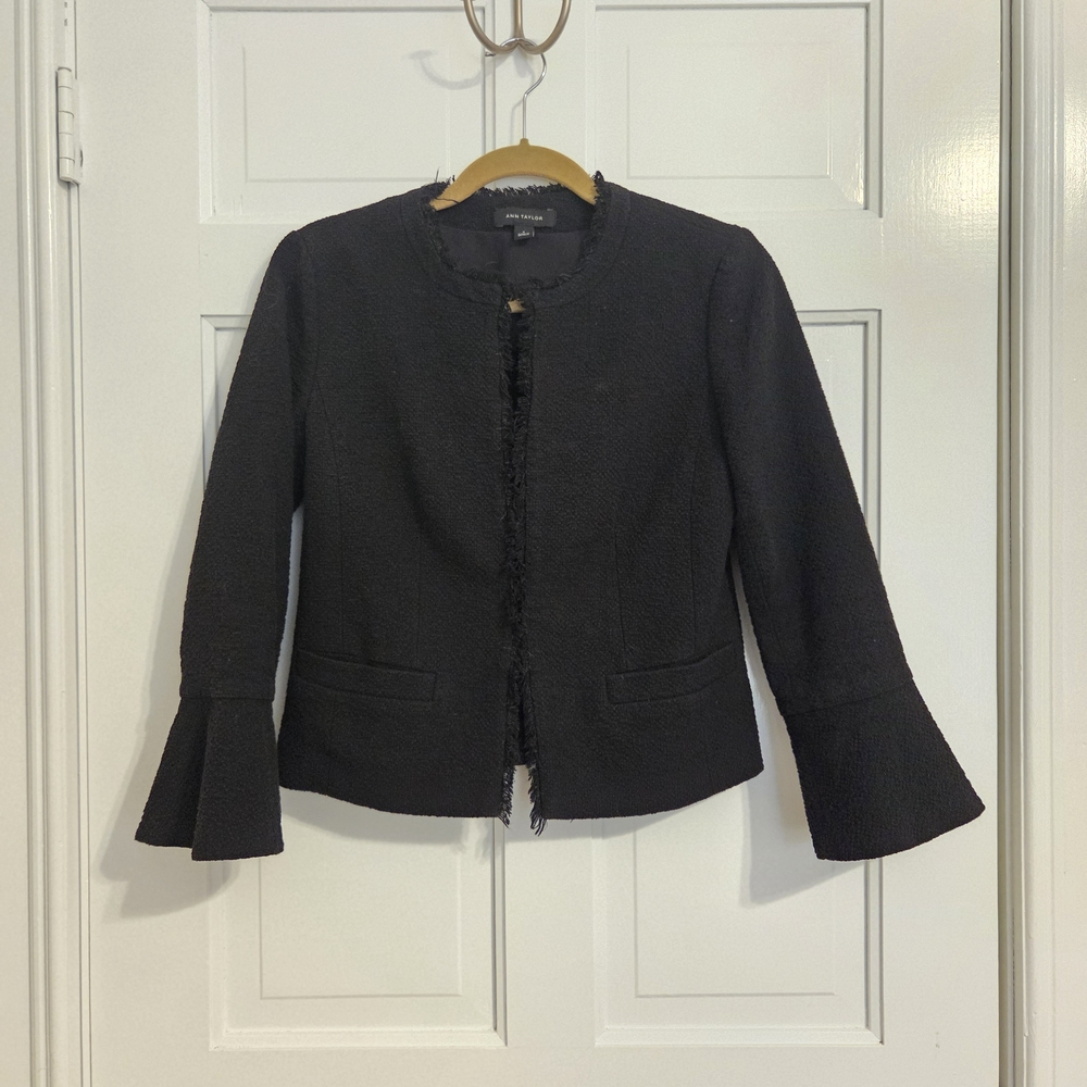 Ann Taylor Black Fringe Tweed Blazer Jacket Bell 3/4 Sleeves Size 0